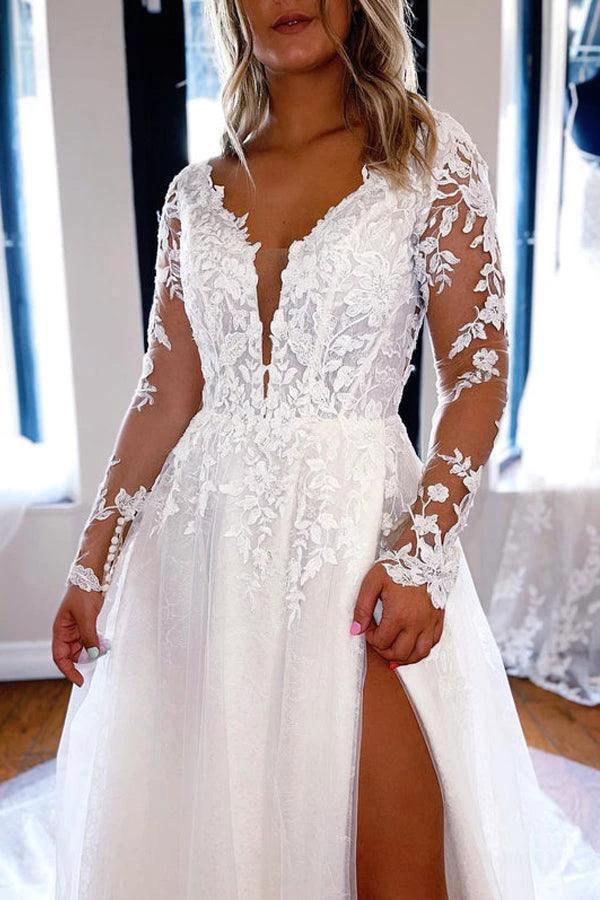 Elegant A-line V Neck Lace Long Sleeves Wedding Dresses WD588 - Image 3