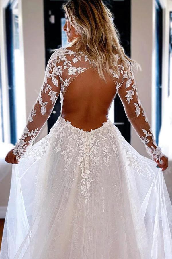 Elegant A-line V Neck Lace Long Sleeves Wedding Dresses WD588 - Image 4