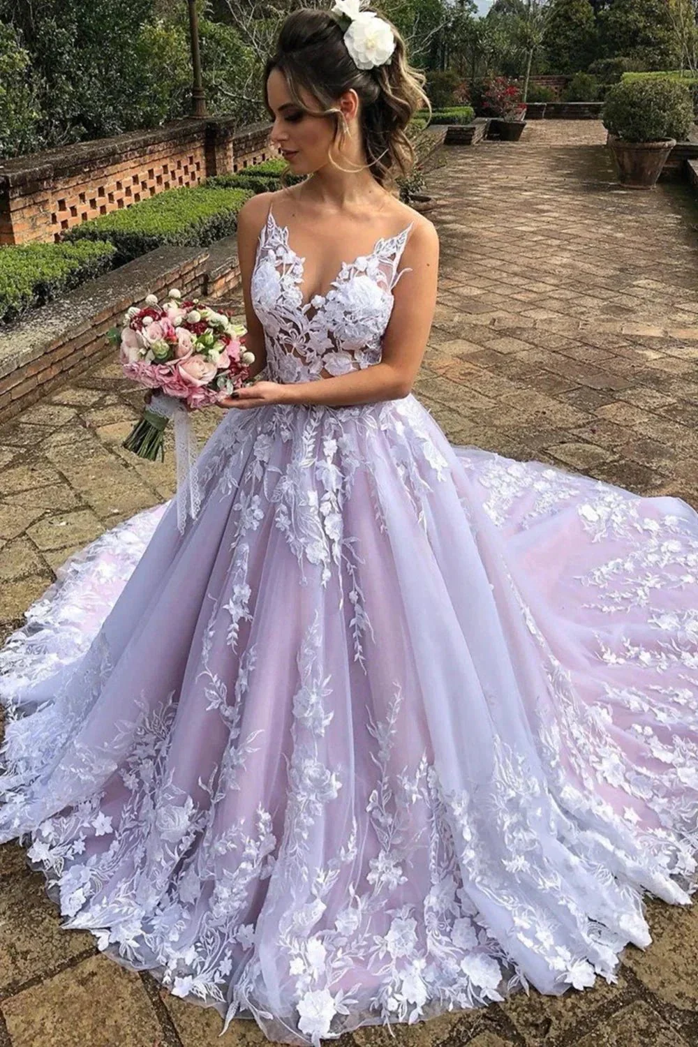 Elegant A-line V Neck Lace Open Back Long Prom Formal Evening Dresses - Image 2