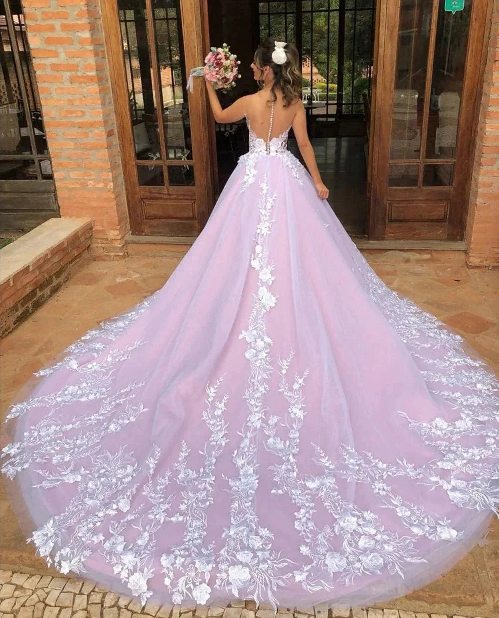 Elegant A-line V Neck Lace Open Back Long Prom Formal Evening Dresses - Image 3