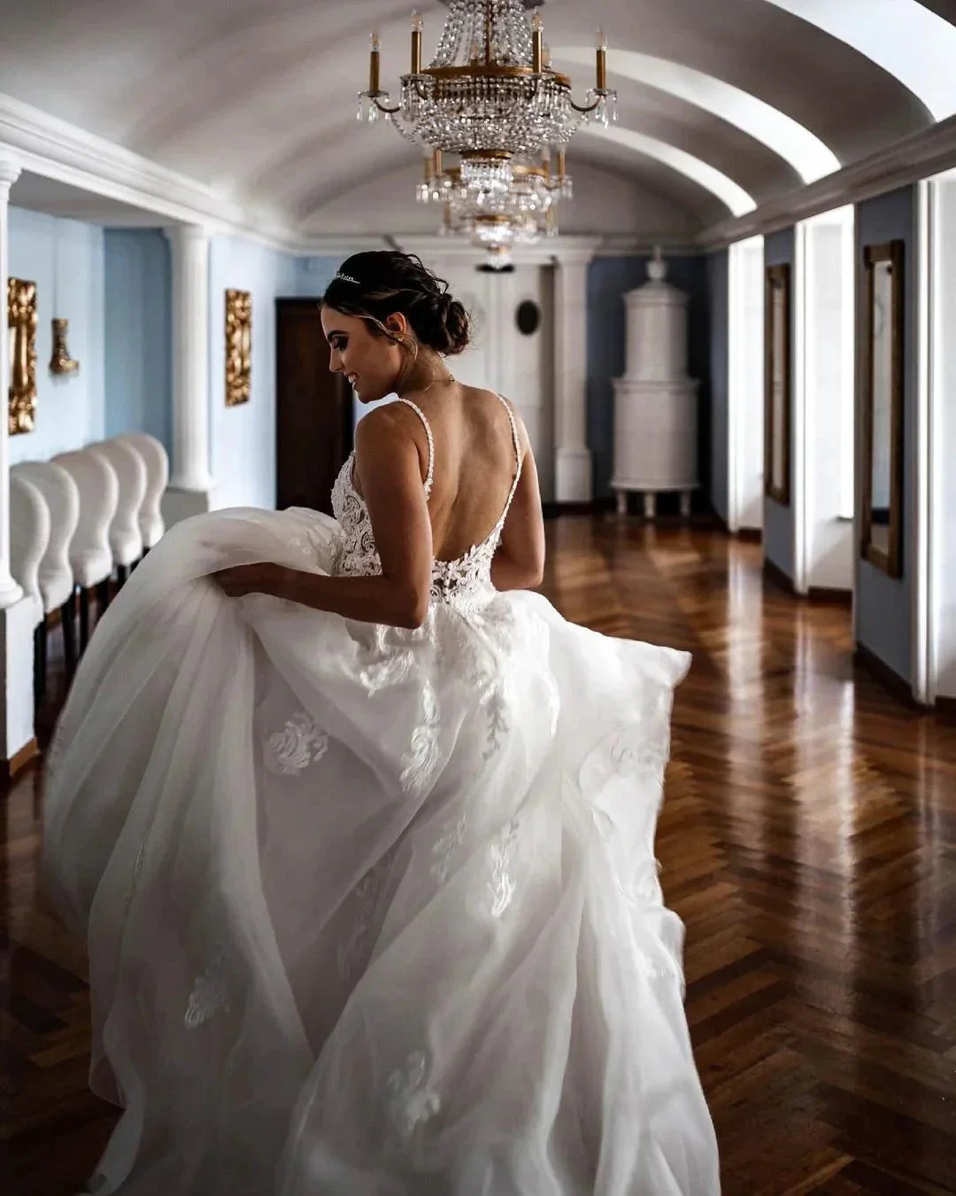Elegant A-line V-neck Lace Tulle Spaghetti Strap Wedding Dress - Image 2