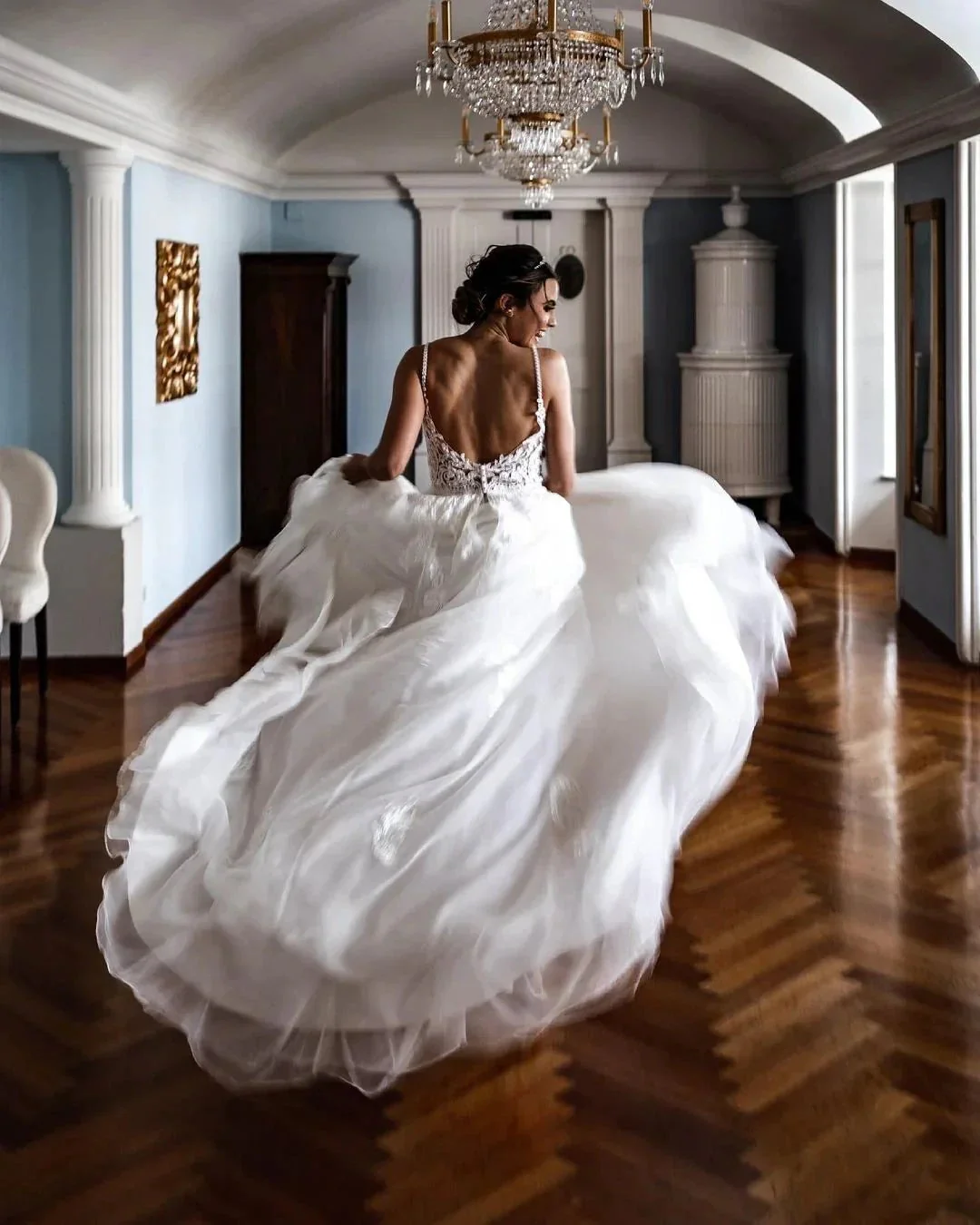 Elegant A-line V-neck Lace Tulle Spaghetti Strap Wedding Dress - Image 3