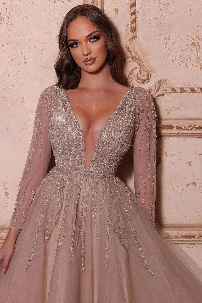 Elegant A-line V-neck Long Sleeves Beading Prom Dress - Image 2