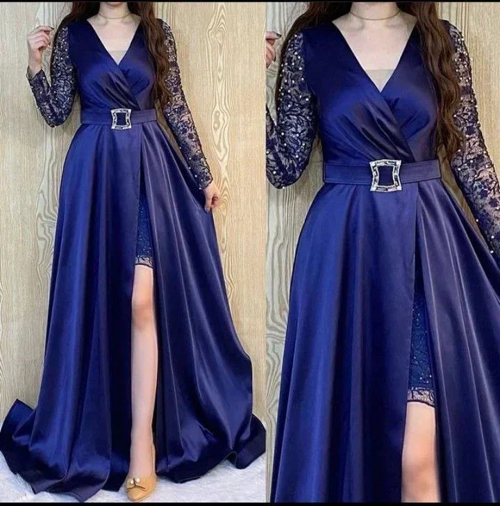 Elegant A-Line V Neck Long Sleeves Evening Dresses Y5786 - Image 2