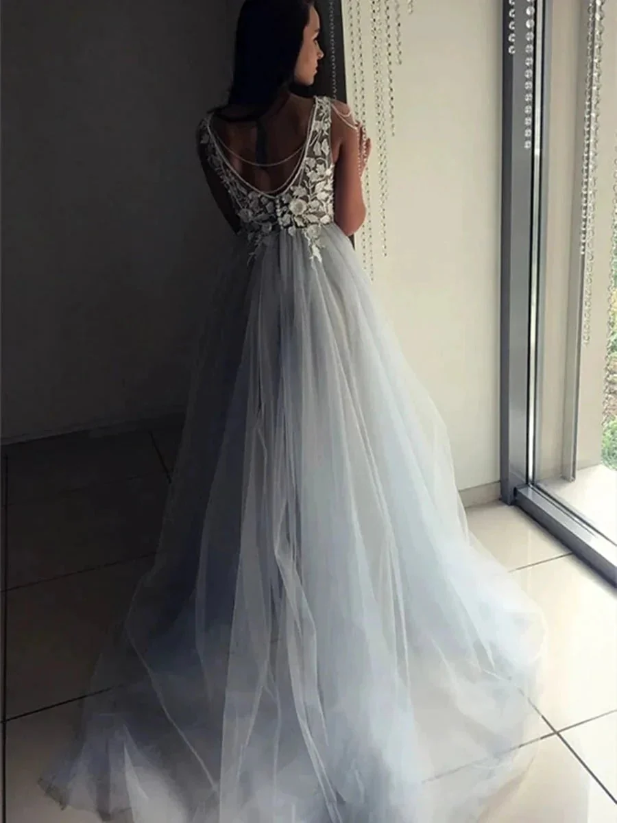 Elegant A-line V Neck Open Back Lace Appliques Long Formal Prom Dresses - Image 2
