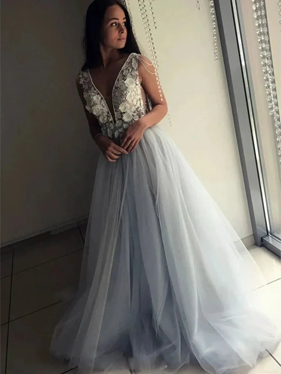 Elegant A-line V Neck Open Back Lace Appliques Long Formal Prom Dresses - Image 3