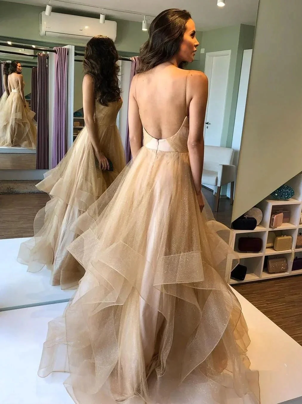 Elegant A-line V Neck Puffy Tulle Backless Long Prom Dresses - Image 2