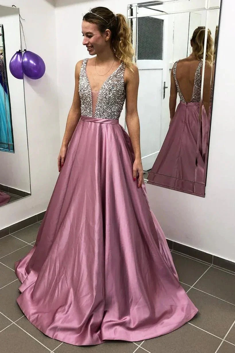 Elegant A-line V-neck Satin Open Back Long Prom Dress with Beading - Image 2