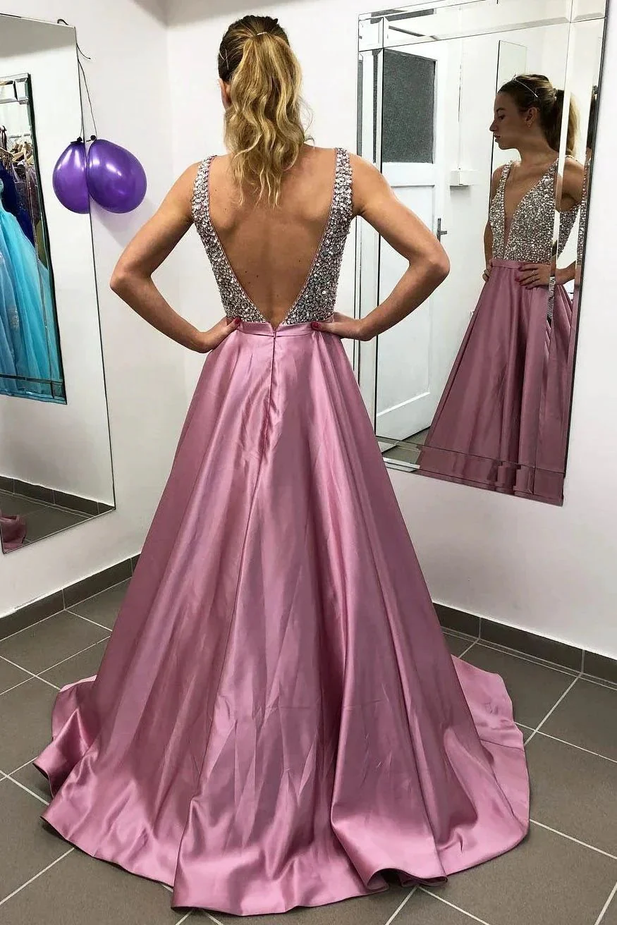 Elegant A-line V-neck Satin Open Back Long Prom Dress with Beading - Image 3