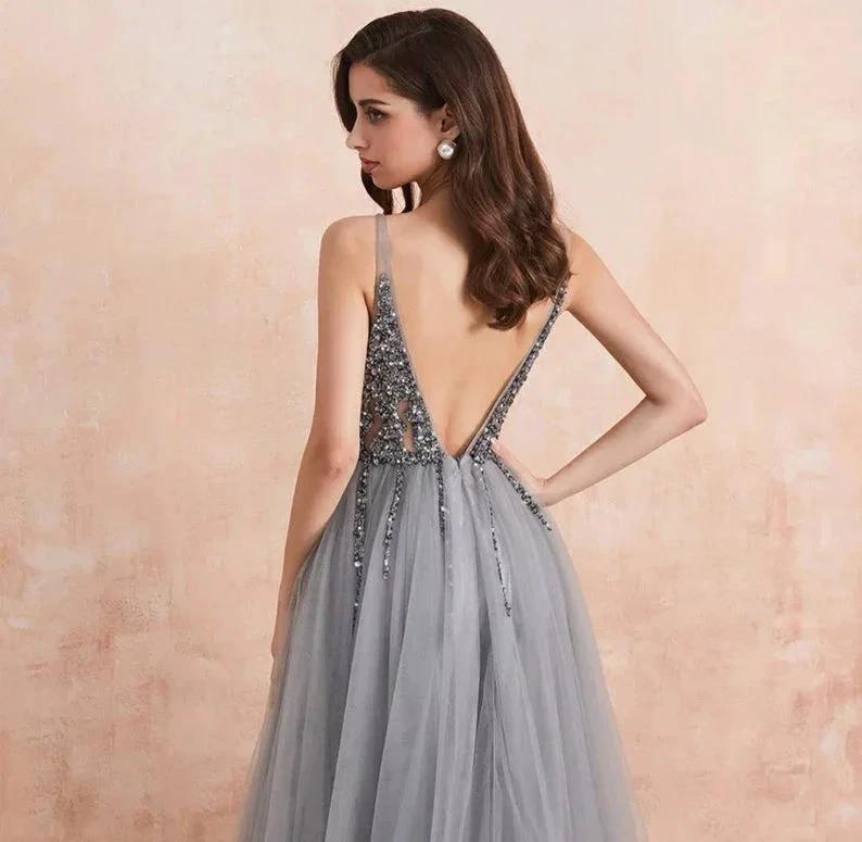 Elegant A-line V-neck Tulle Beading Open Back Prom Dress with Slit - Image 3