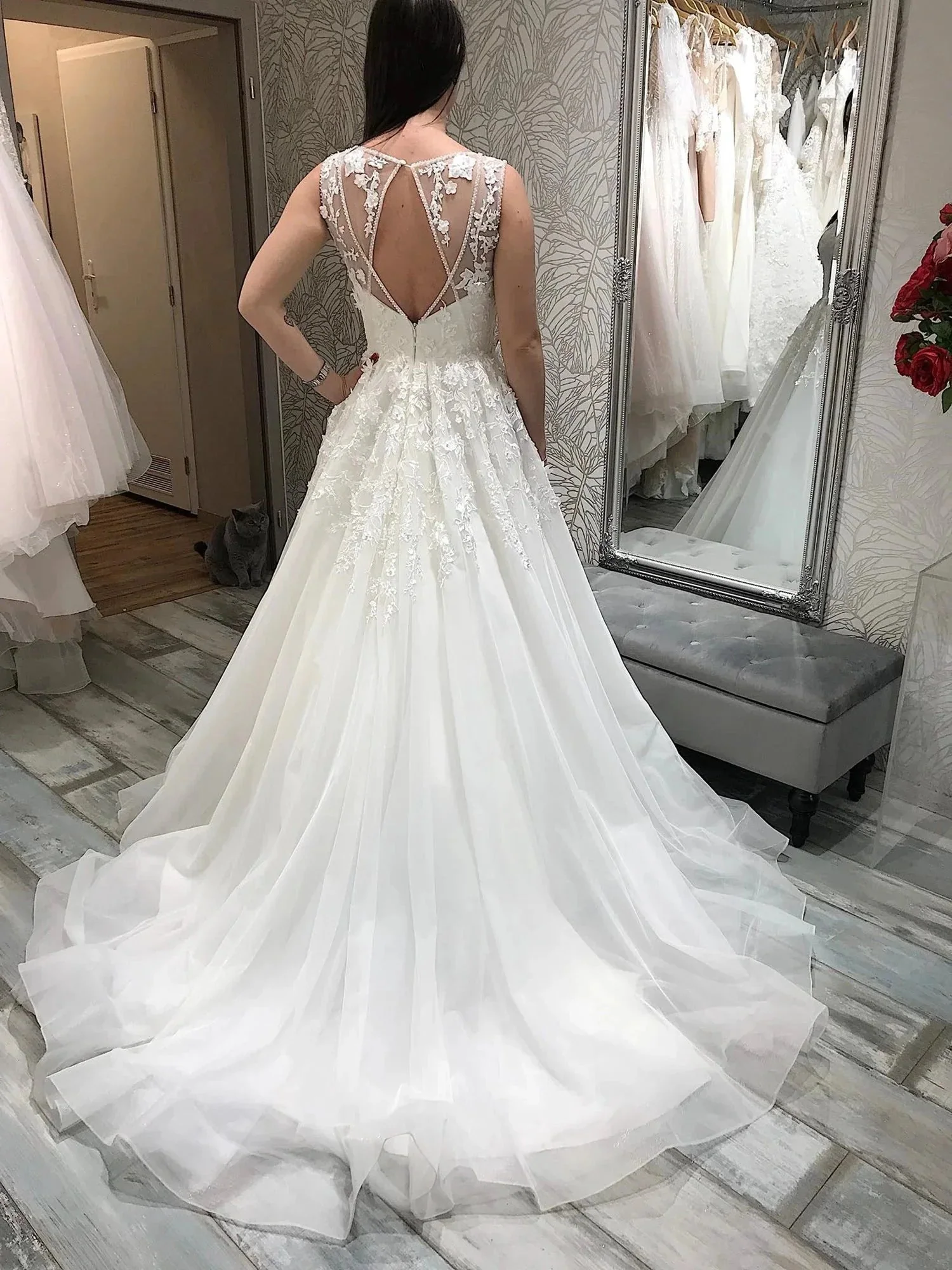 Elegant A-line V Neck White Lace Backless Long Wedding Dresses - Image 2