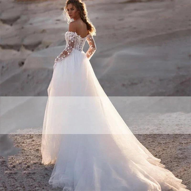 Elegant A-Line Wedding Dress 2023 Women Lace Open Back Strapless Long Detachable Sleeve Bridal Gown Sweep Train Vestido De Noiva - Image 2