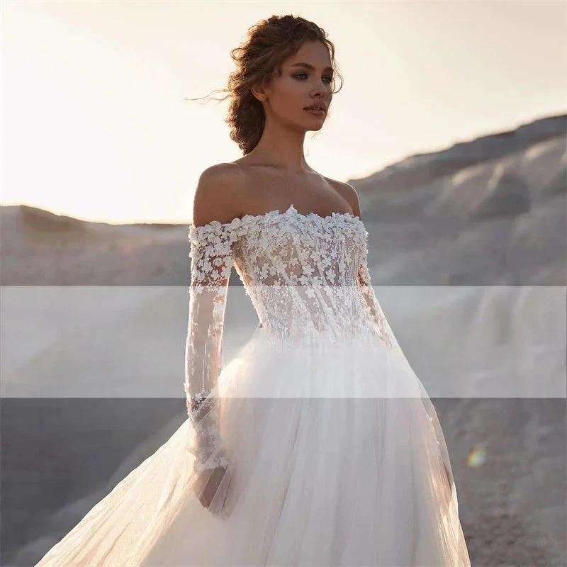 Elegant A-Line Wedding Dress 2023 Women Lace Open Back Strapless Long Detachable Sleeve Bridal Gown Sweep Train Vestido De Noiva - Image 4