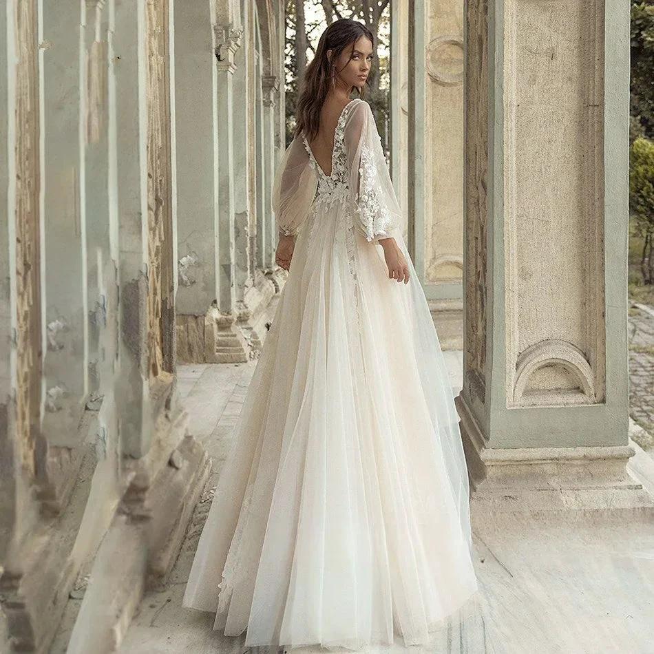 Elegant A-Line Wedding Dress Puff Sleeve Romantic Bridal Backless Beaded Appliques V-Neck Bride Dresses Vestido Noiva - Image 2