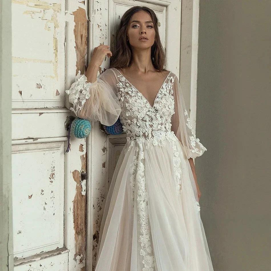 Elegant A-Line Wedding Dress Puff Sleeve Romantic Bridal Backless Beaded Appliques V-Neck Bride Dresses Vestido Noiva - Image 3