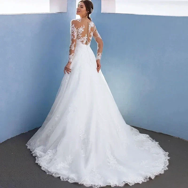 Elegant A-Line Wedding Dresses For Women Long Lace Sleeves With Appliques Bridal Gown Illusion Tulle vestidos de novia - Image 2