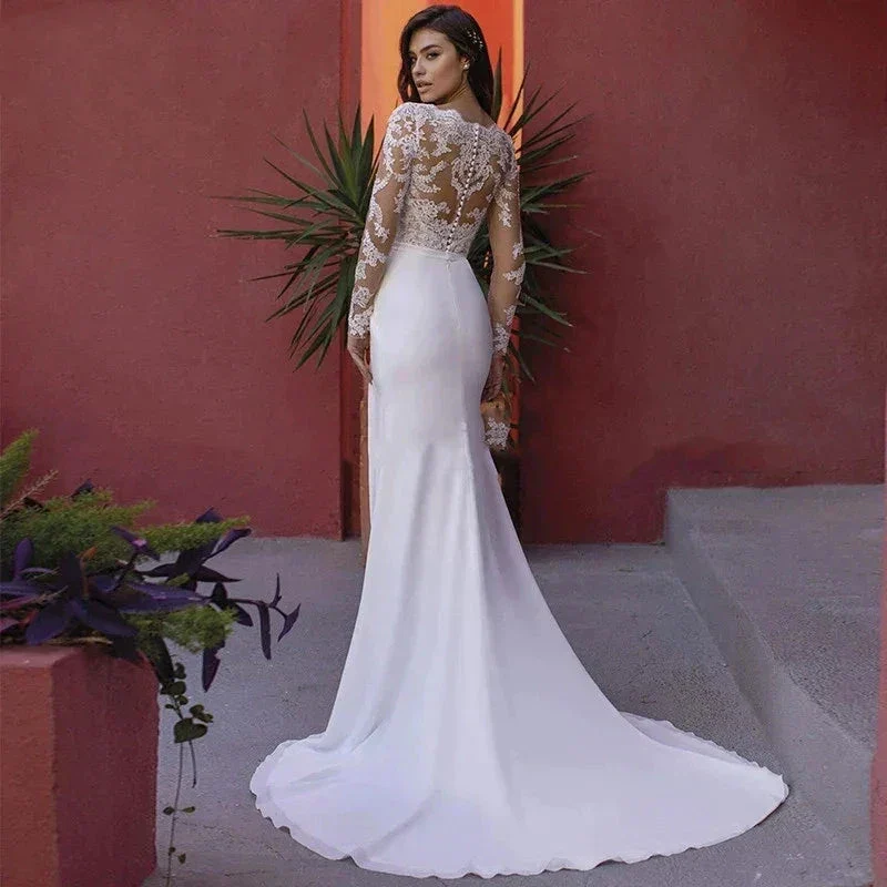 Elegant A-Line Wedding Dresses For Women Spring V Neck Deep Long Sleeve Lace Slim Fashion Bride's Tail Bridal Wedding Gown - Image 3