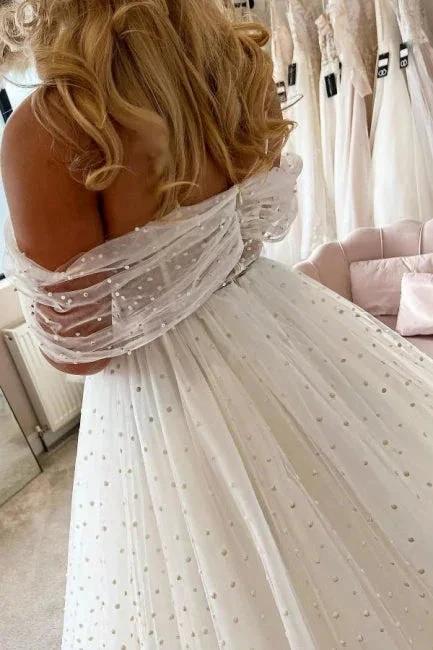 Elegant A-line White Off-the-Shoulder Pearls Sleeveless Wedding Dress - Image 2