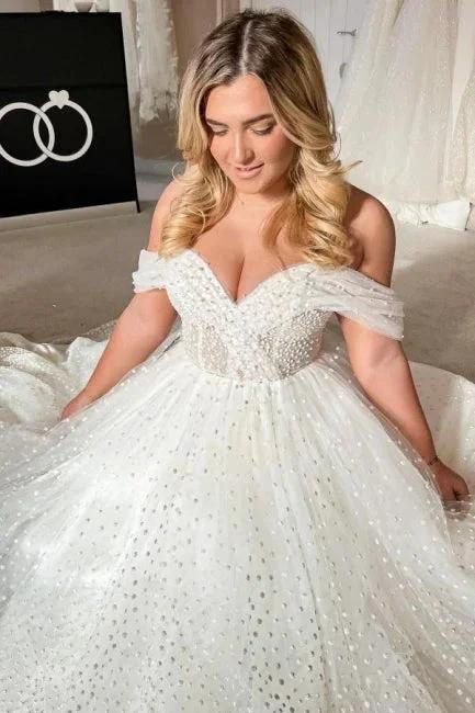 Elegant A-line White Off-the-Shoulder Pearls Sleeveless Wedding Dress - Image 3