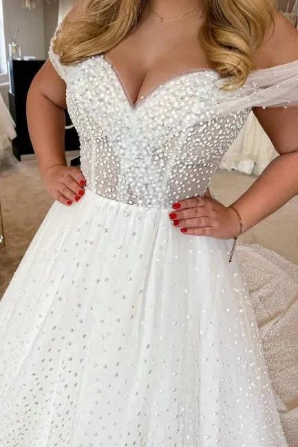 Elegant A-line White Off-the-Shoulder Pearls Sleeveless Wedding Dress - Image 4