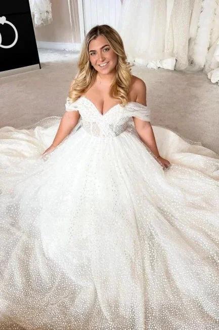 Elegant A-line White Off-the-Shoulder Pearls Sleeveless Wedding Dress - Image 5