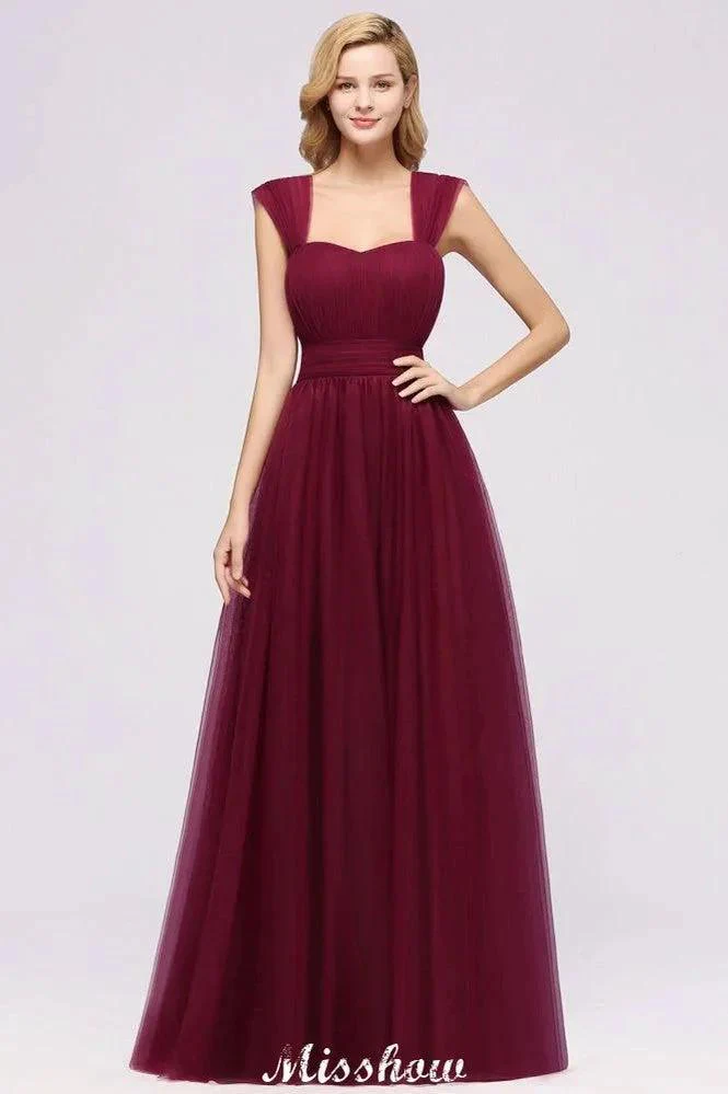 Elegant aline Sleeveless Tulle Evening Maxi Gown Burgundy Straps Bridesmaid Dress