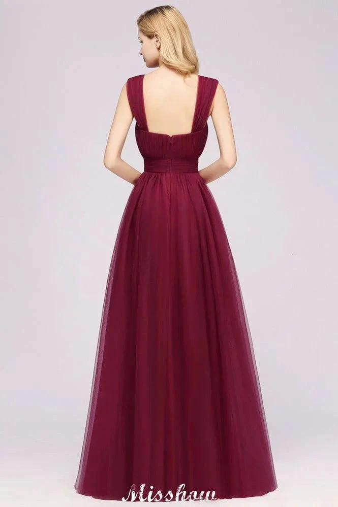 Elegant aline Sleeveless Tulle Evening Maxi Gown Burgundy Straps Bridesmaid Dress - Image 2