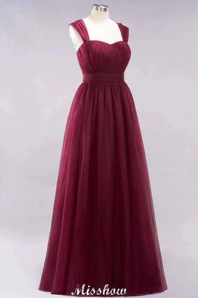 Elegant aline Sleeveless Tulle Evening Maxi Gown Burgundy Straps Bridesmaid Dress - Image 3
