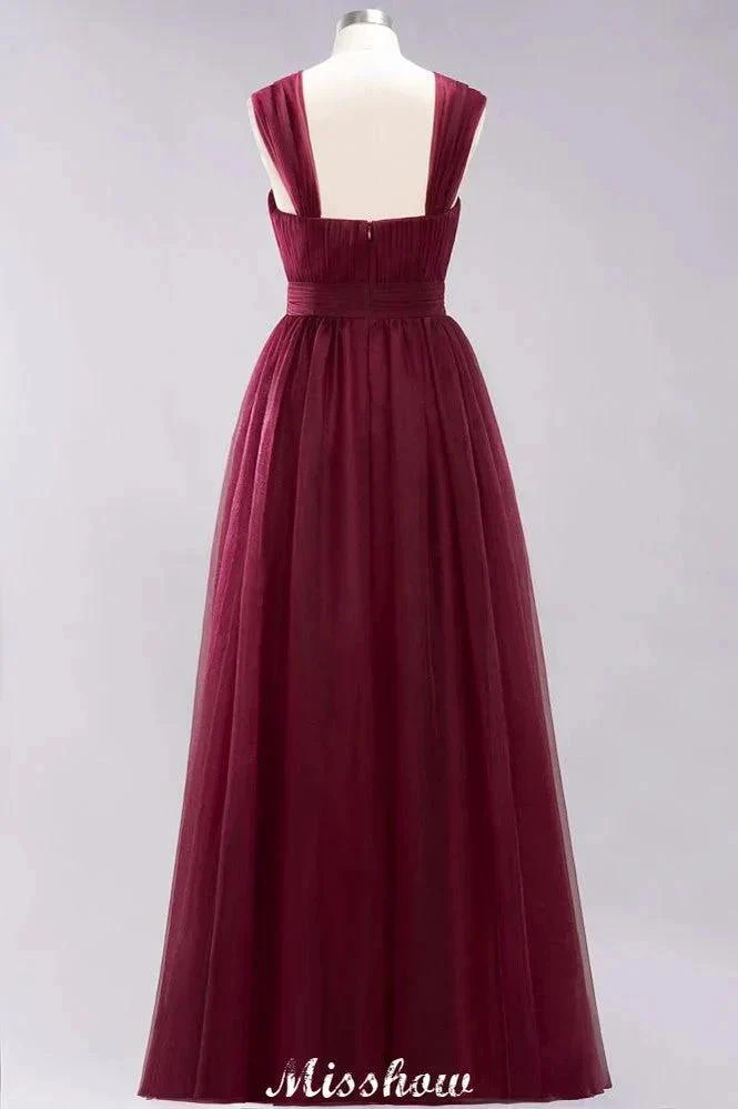 Elegant aline Sleeveless Tulle Evening Maxi Gown Burgundy Straps Bridesmaid Dress - Image 7