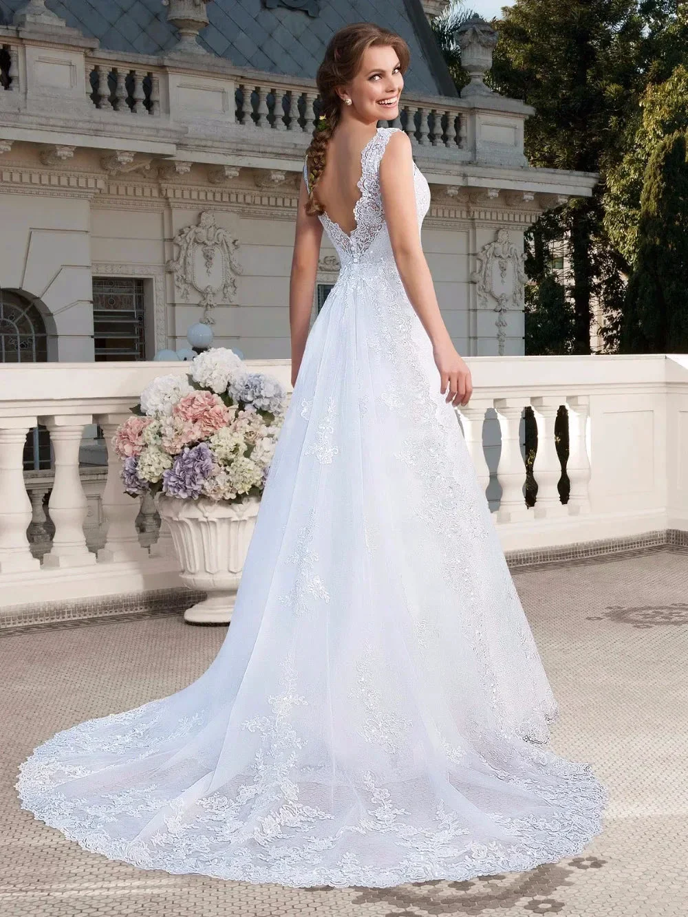 Elegant Appliques Vestido De Noiva Sexy Backless Vestidos De Novia Detachable Train Wedding Dresses Lace Robe De Mariée - Image 2