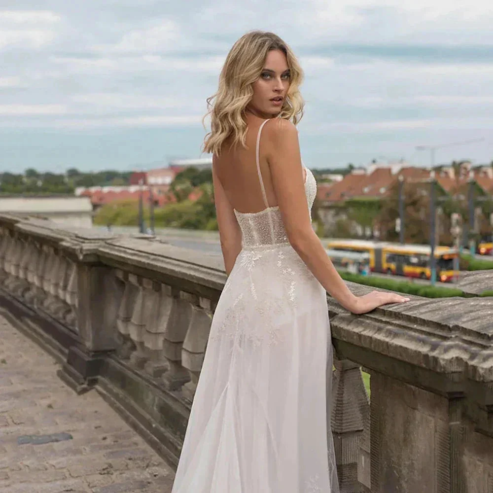 Elegant Beach Wedding Dresses High Slits Tulle Bohemian Lace Applique Robes De Mariee Backless Bridal Gowns Robe De Vestido - Image 4