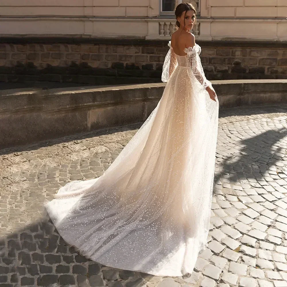 Elegant Beige Card Shoulder Long Sleeve Bridal Sweetheart Tulle Applique Sequin Floor-A line Wedding Evening Gown with Women - Image 2