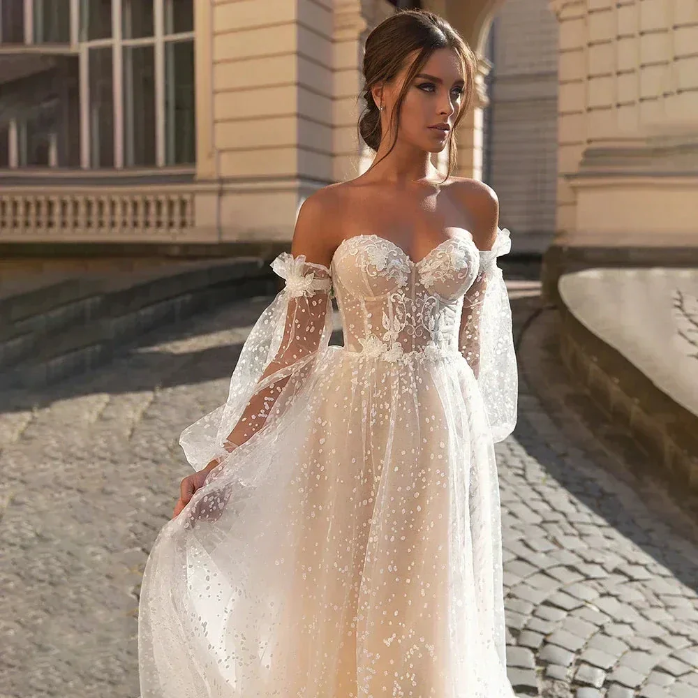 Elegant Beige Card Shoulder Long Sleeve Bridal Sweetheart Tulle Applique Sequin Floor-A line Wedding Evening Gown with Women - Image 3
