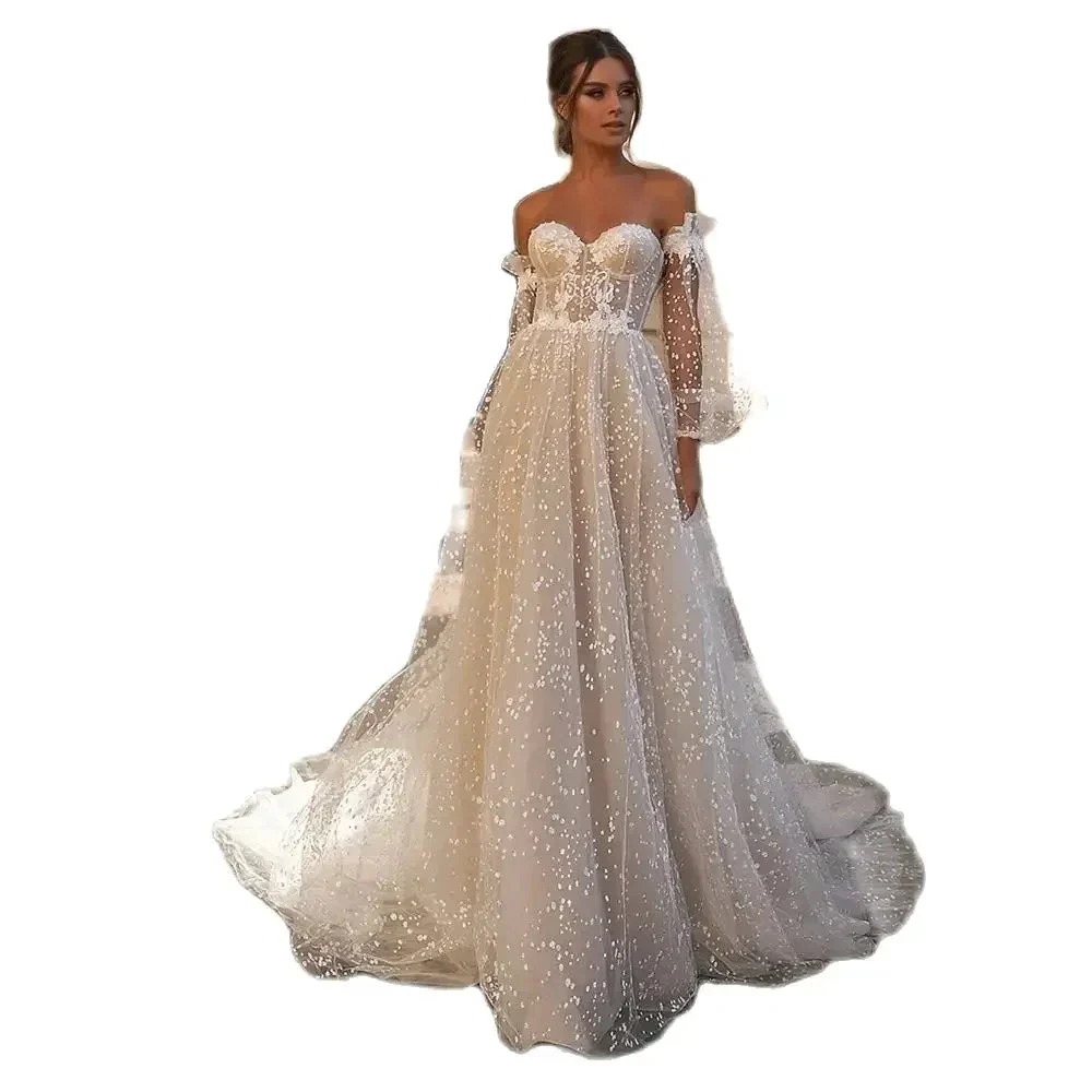 Elegant Beige Card Shoulder Long Sleeve Bridal Sweetheart Tulle Applique Sequin Floor-A line Wedding Evening Gown with Women - Image 4