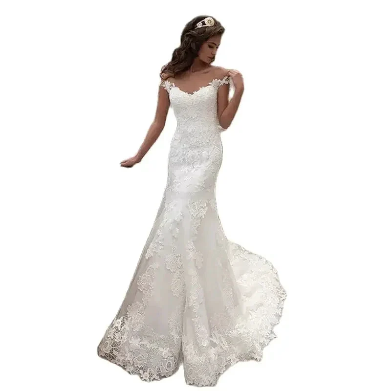 Elegant Beige Satin Off-Shoulder Straps Embroidered for Bride's Mermaid Floor-Length Dress with for Women's Wedding Evening Gown - Image 3