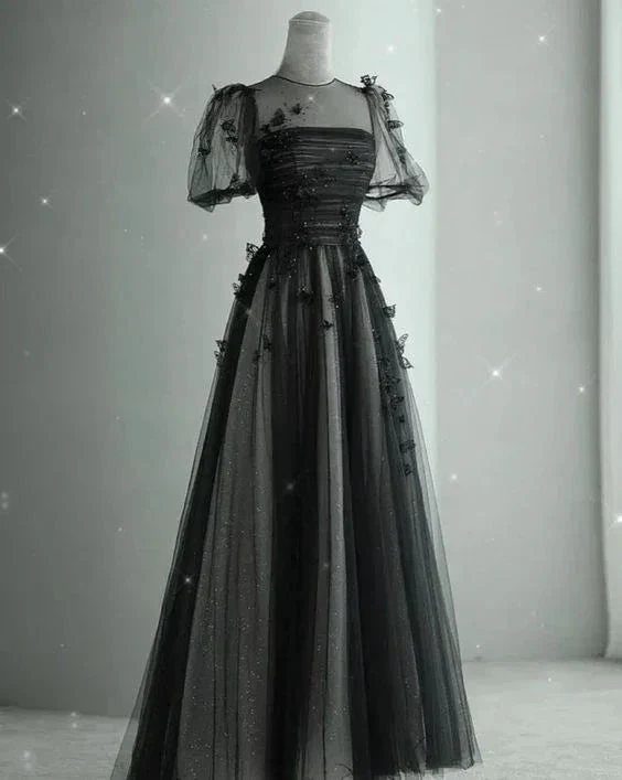 Elegant Black A-line Tulle Prom Dress,Puffy Sleeves Evening Dress  Y2037 - Image 2