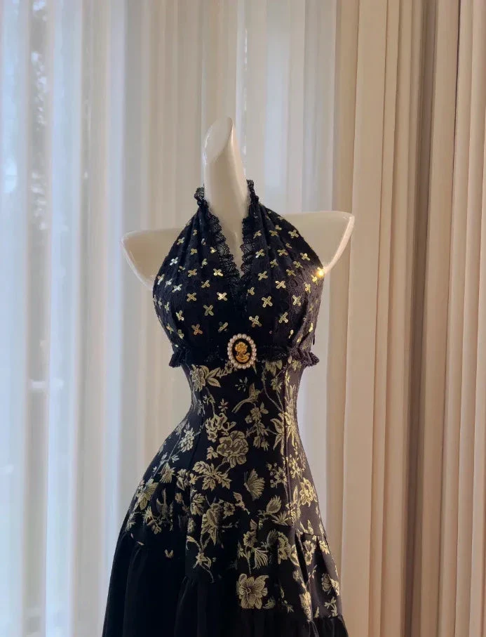Elegant Black Halter Satin Print Floral Sequins Evening Dress Long ALine Prom Dress Y8568 - Image 2