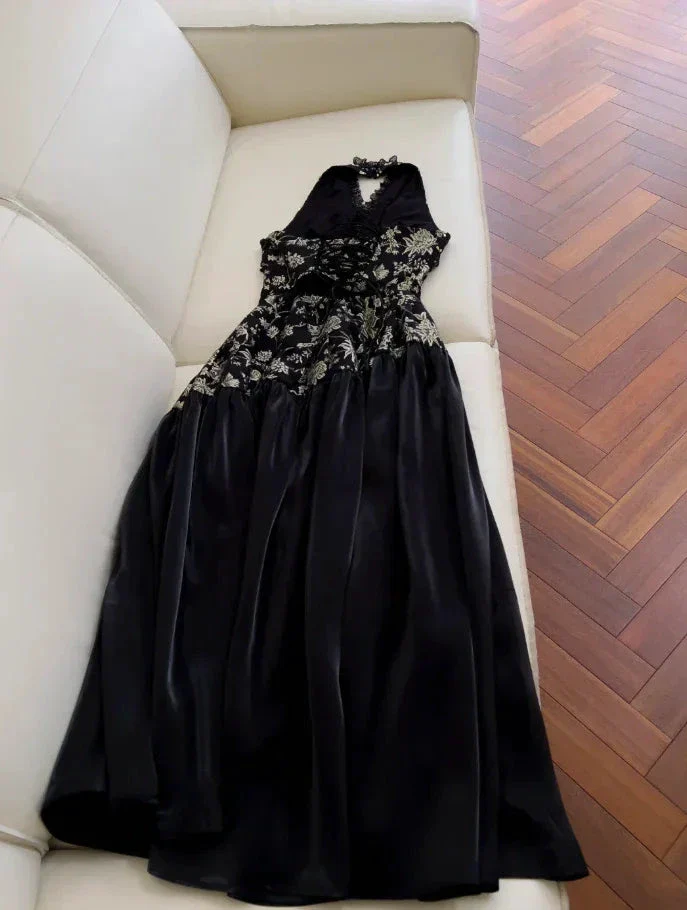 Elegant Black Halter Satin Print Floral Sequins Evening Dress Long ALine Prom Dress Y8568 - Image 4