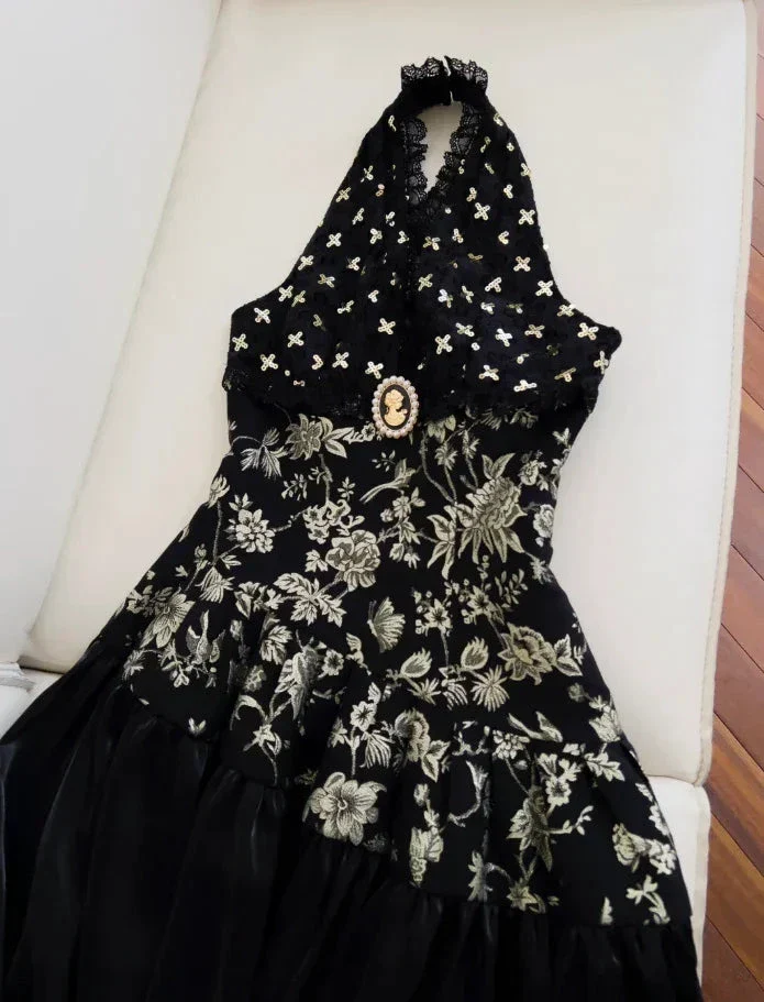 Elegant Black Halter Satin Print Floral Sequins Evening Dress Long ALine Prom Dress Y8568 - Image 5