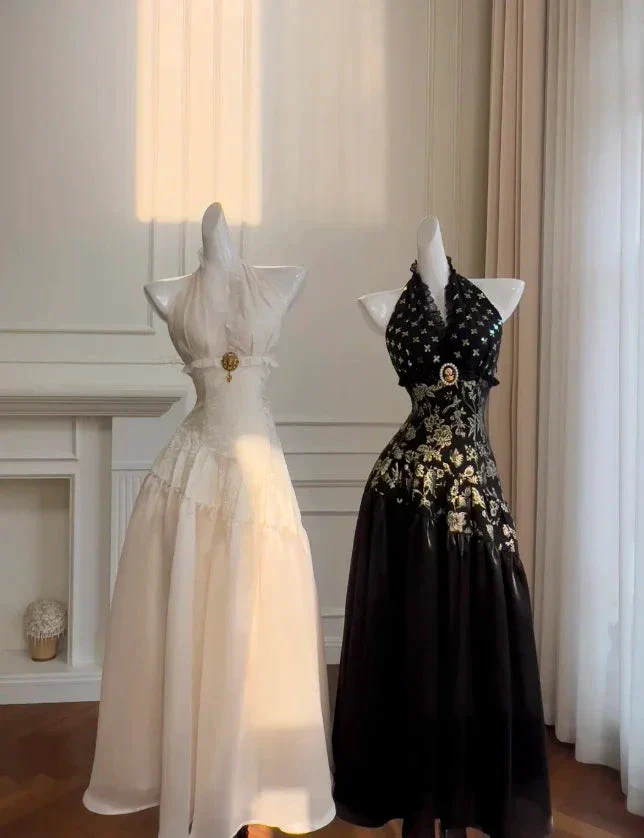 Elegant Black Halter Satin Print Floral Sequins Evening Dress Long ALine Prom Dress Y8568 - Image 8