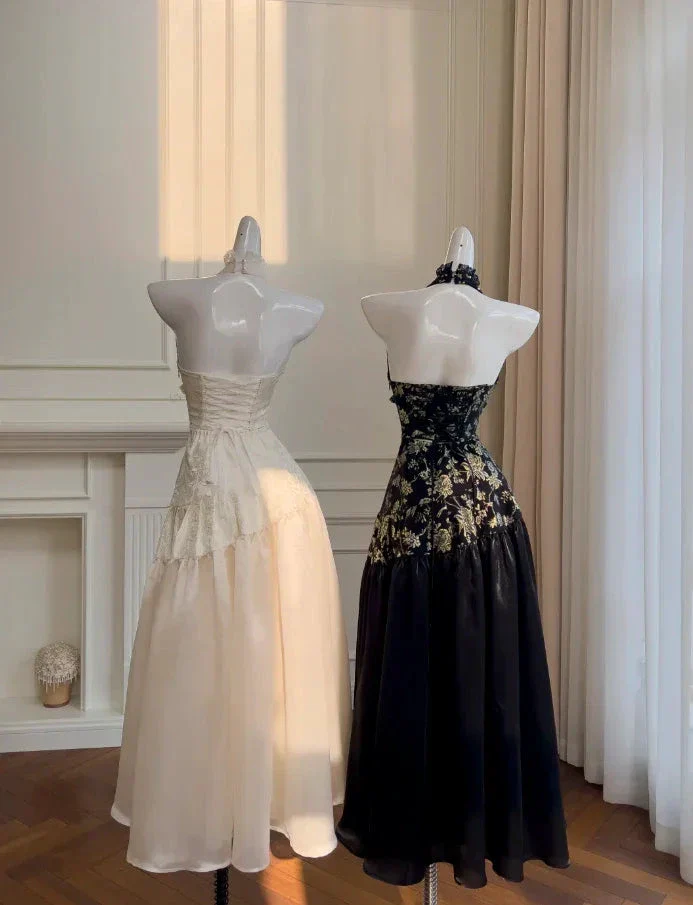 Elegant Black Halter Satin Print Floral Sequins Evening Dress Long ALine Prom Dress Y8568 - Image 9