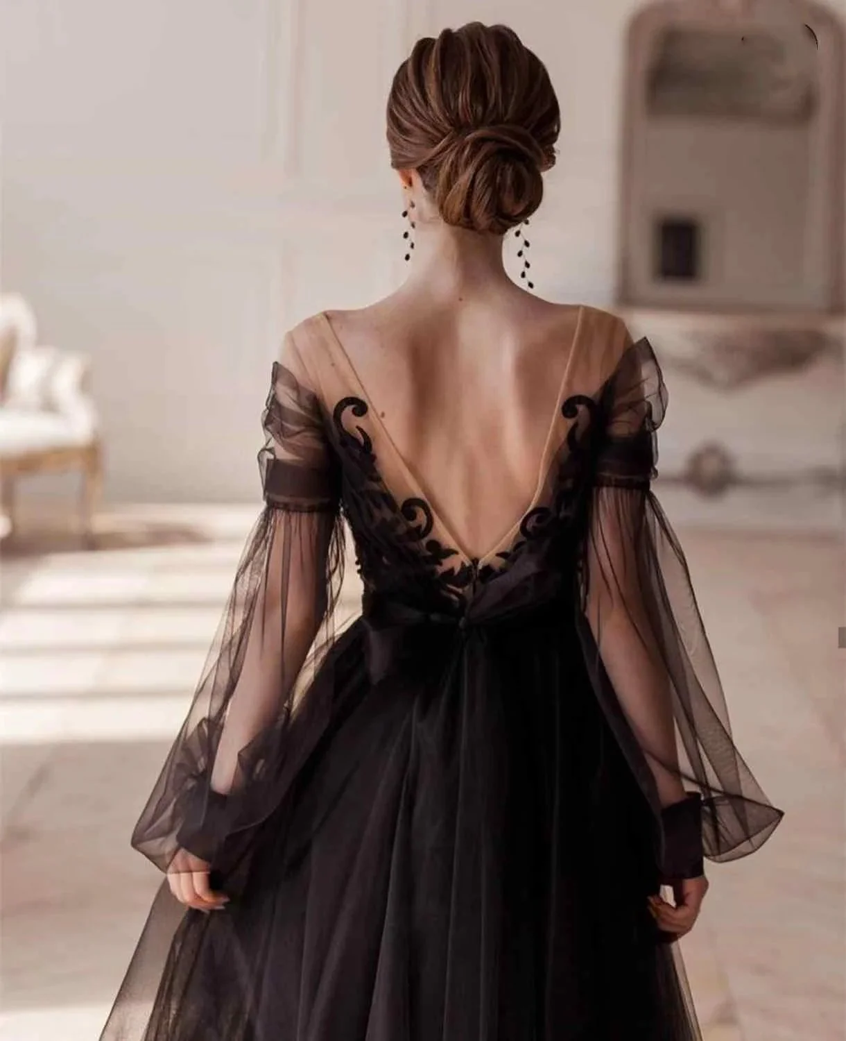 Elegant Black Illusion Full Sleeve V-Neck Lace Appliques Backless A-Line Ankle-Length Evening Dress S26660 - Image 6