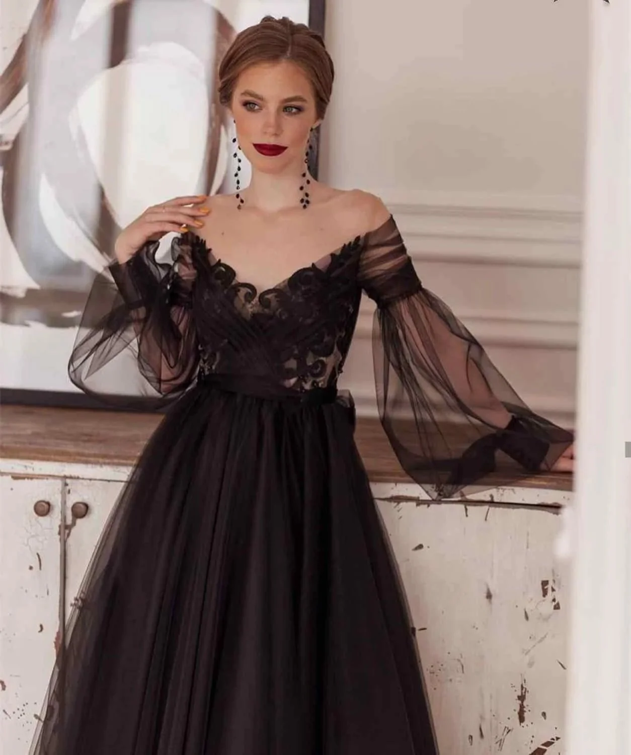 Elegant Black Illusion Full Sleeve V-Neck Lace Appliques Backless A-Line Ankle-Length Evening Dress S26660 - Image 7