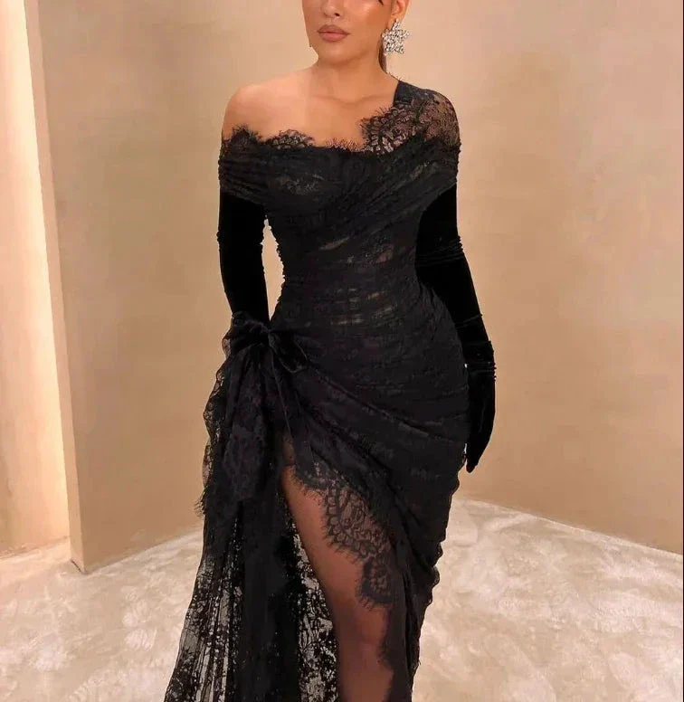 Elegant Black Lace Prom Dress Asymmetric With High Slit Long Evening Dress Y7984 - Image 2