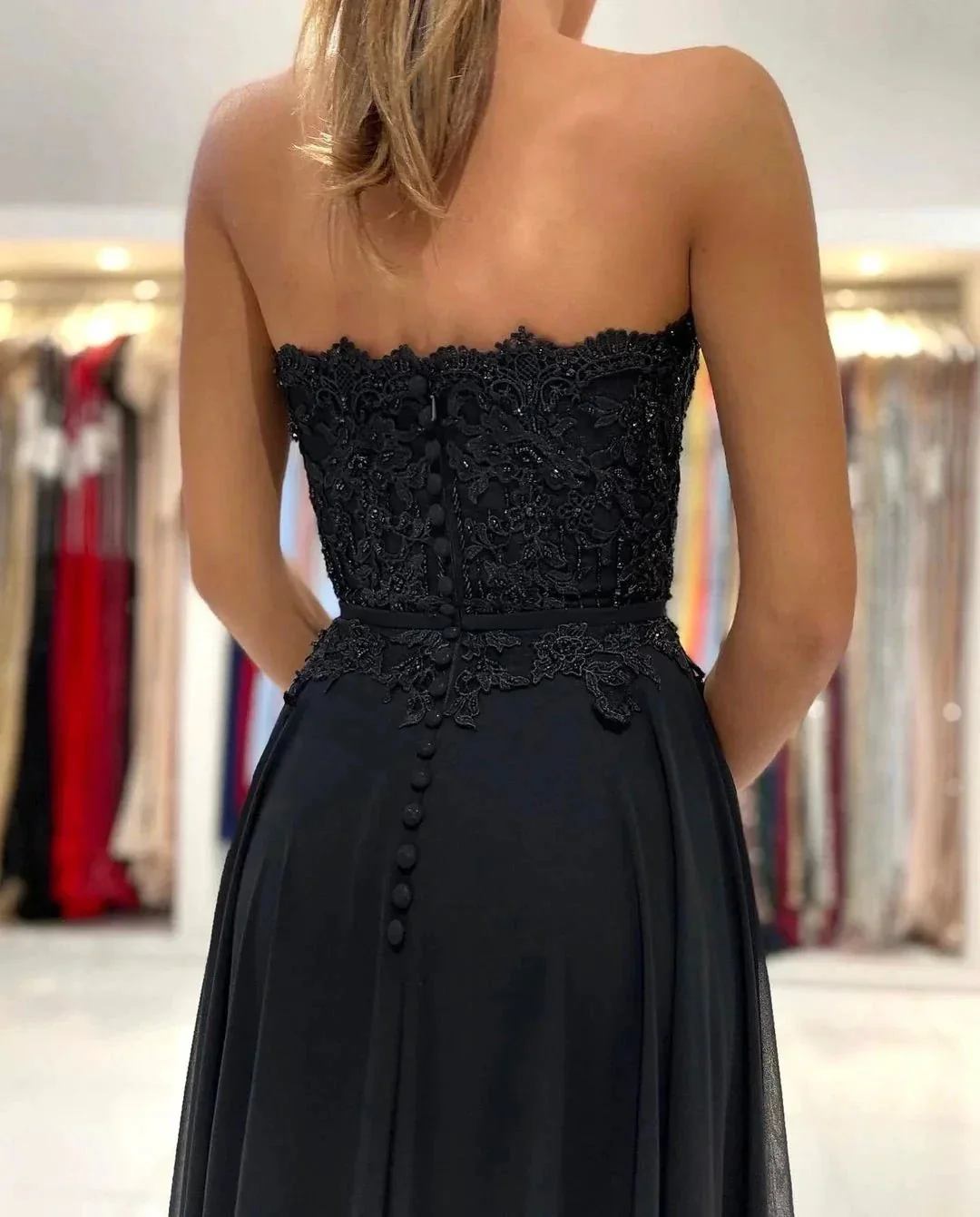 Elegant Black Long A-line Sweetheart Chiffon Prom Dress with Slit - Image 5
