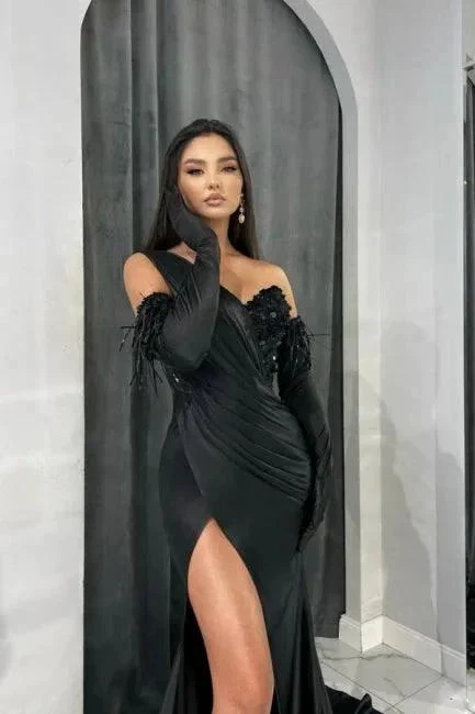 Elegant Black Long Mermaid One Shoulder Sequined Prom Dresses With Slit - Image 2