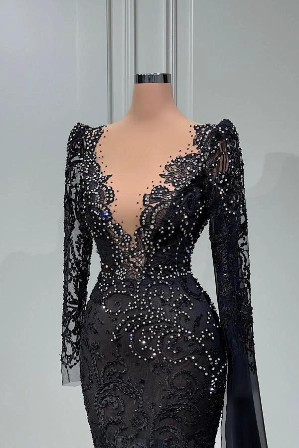 Elegant Black Long Mermaid V-neck Tulle Lace Prom Dress with Sleeves - Image 2