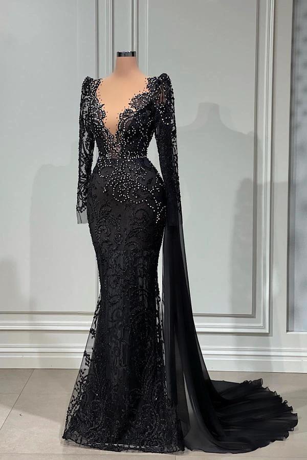 Elegant Black Long Mermaid V-neck Tulle Lace Prom Dress with Sleeves - Image 3