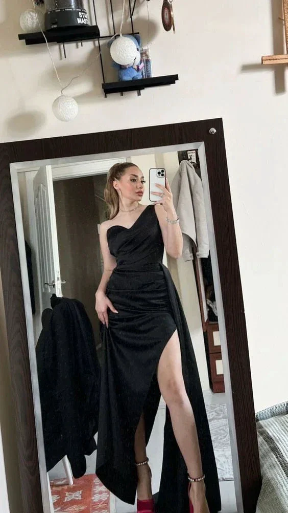 Elegant Black One Shoulder Prom Dress Black Evening Dress Y5782 - Image 2