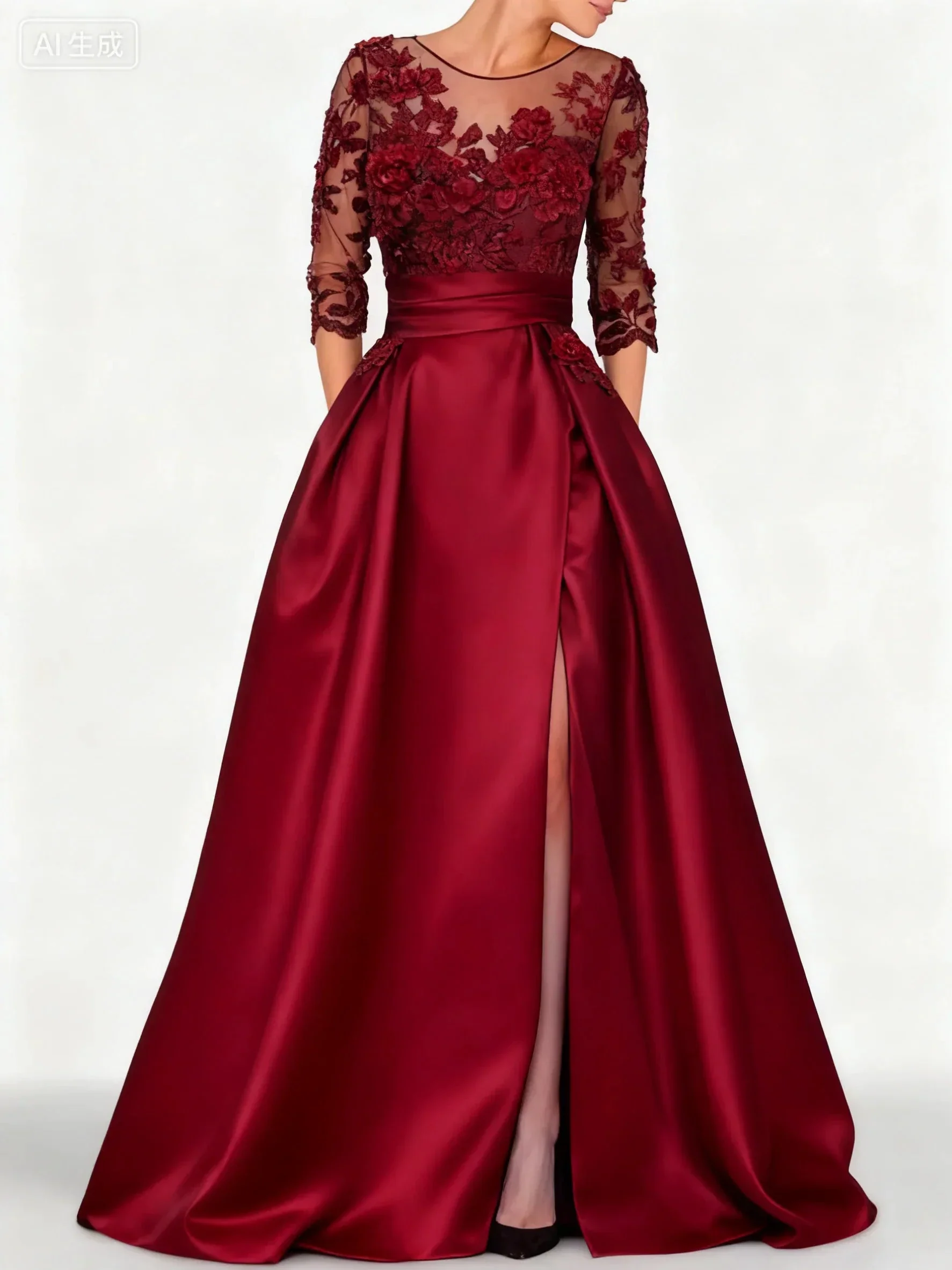 Elegant black satin embroidered formal dress - Image 3